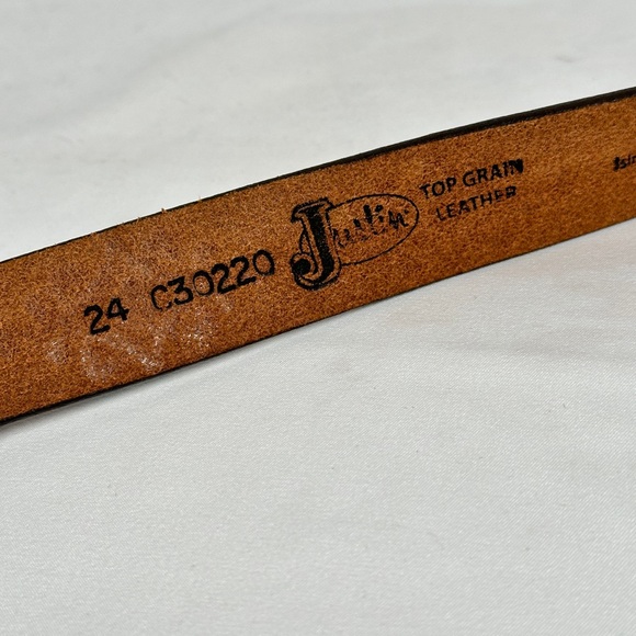 Justin western leather belt turquoise embossed floral with flag buckle size 24 - Picture 4 of 11